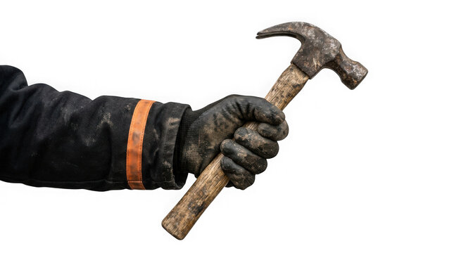 Gloved hand of a worker holding an old claw hammer isolated on transparent background