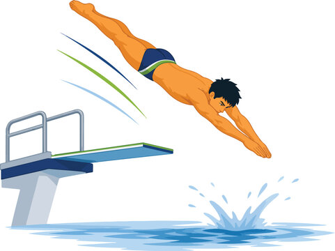 Male swimmer diving from a springboard into water Keywords: swimming, diver, diving, swimmer