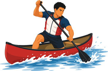 Man paddling red canoe through blue water rower boat © Nargis