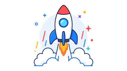 Rocket blasts skyward, igniting colorful flames. Clouds drift below as stars blink around. Simple lines define a dream of launch and flight. Ideal for startup, innovation, or growth themes © LarisaM