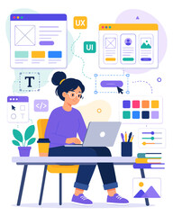 Fototapeta premium Young woman designs digital interfaces with focus and calm. She sits at a desk, surrounded by UI elements and tools. Laptop, pens, and coffee cup sit beside her neatly. Colorful UI panels float above