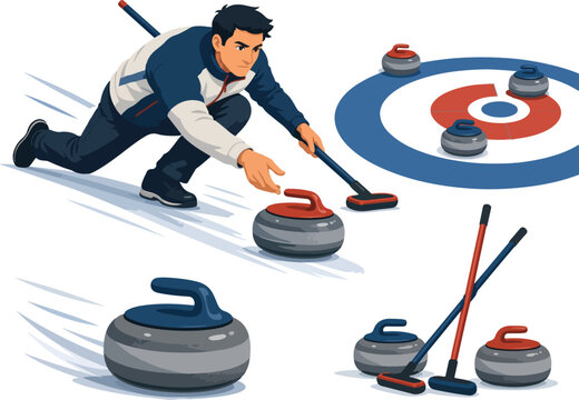 Man playing curling on white background Keywords: curling, sport, ice sport, athlete, man, male