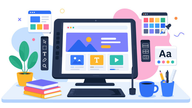 Modern desk setup with screen, keyboard, and design tools. Colorful icons suggest creative digital work or web design. Stacked books and plant add cozy workspace vibe