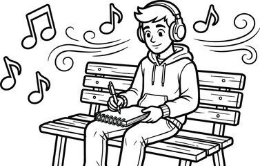 Fototapeta premium Hand drawn line art of a student on a bench sketching with headphones