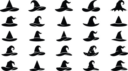 Obraz premium Witch Hat Silhouette Icon Set, Halloween Spooky Vector Symbols Collection