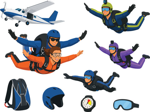 Skydivers in freefall with a plane and gear skydiving