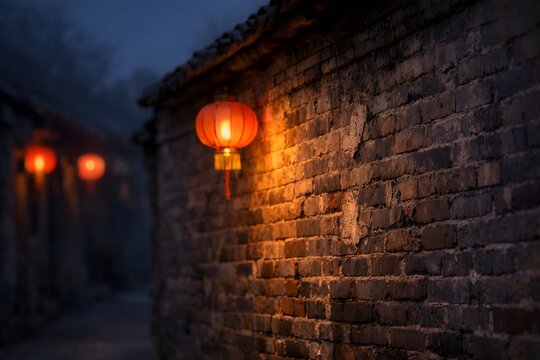 Traditional Chinese red lanterns illuminate a rustic brick wall in a dimly lit alleyway at dusk