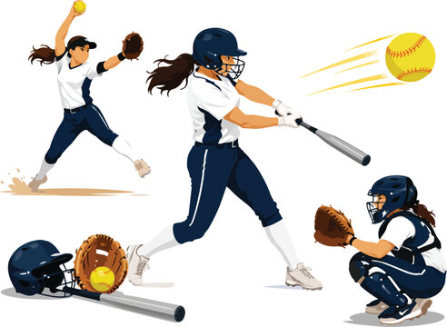 Softball Players Pitching Batting And Catching vector