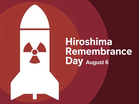 Hiroshima Remembrance Day banner with nuclear bomb symbol on dark red graphic background