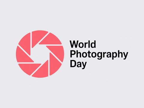 Minimalist logo for World Photography Day with pink camera aperture shutter icon