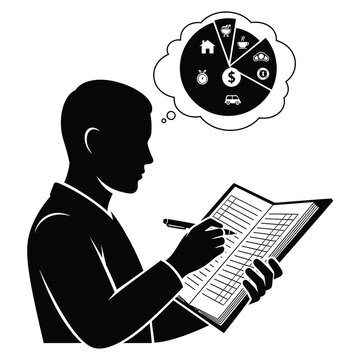 Man Writing In Notebook With Thought Bubble Black Silhouette