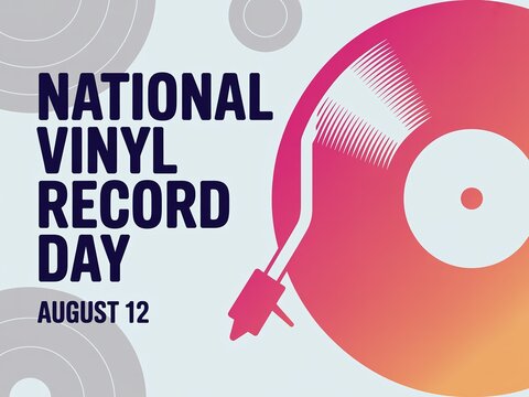 National Vinyl Record Day Poster with Retro Turntable and Music Disc Graphic for August 12