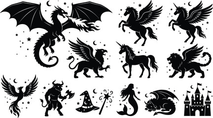 Fantasy mythical creatures and fairytale magic vector icon set with black silhouettes of dragon pegasus unicorn griffin phoenix minotaur mermaid castle witch hat © Rakib