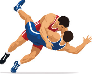 Fototapeta premium Two male wrestlers in action on white background Keywords: wrestling, sport, competition