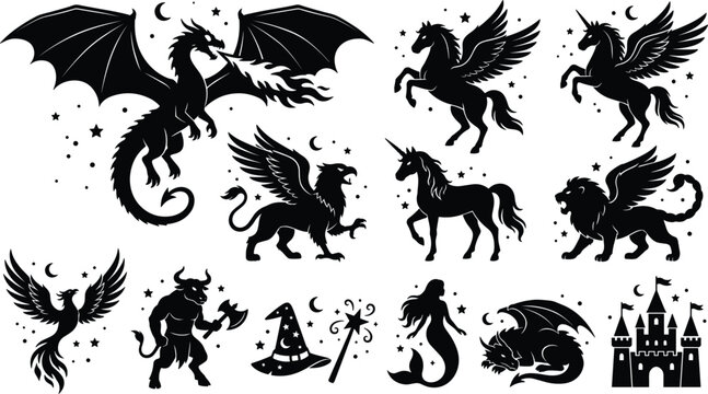 Fantasy mythical creatures and fairytale magic vector icon set with black silhouettes of dragon pegasus unicorn griffin phoenix minotaur mermaid castle witch hat