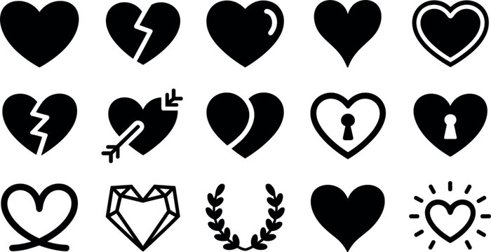 Black Heart Shape Vector Icon Set Featuring Broken Hearts Cupid Arrow Keyhole Lock Geometric Crystal and Laurel Wreath Love Accent Symbols