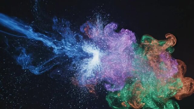 Abstract Colorful Particle Explosion on Black Background with Flowing Liquid Streams and Shimmering Dust