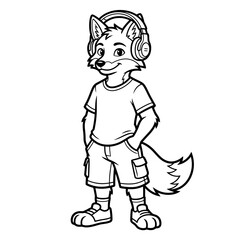 Naklejka premium Cartoon Fox Wearing Headphones Standing.