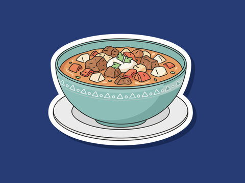 Minimal flat vector design of goulash in a bowl food isolated on clean background with simple shapes and modern style. Suitable for menus, branding, posters, and food-related graphic design.

