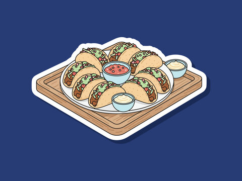 Minimal flat vector design of mini tacos on a serving tray food isolated on clean background with simple shapes and modern style. Suitable for menus, branding, posters, and food-related graphic design
