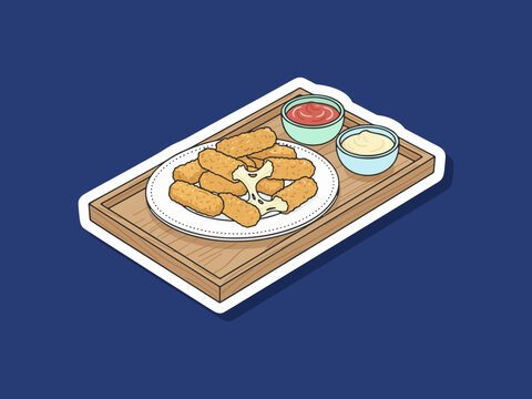 Minimal flat vector design of mozzarella sticks on a serving tray food isolated on clean background with simple shapes and modern style. Suitable for menus, branding, posters, and food-related graphic