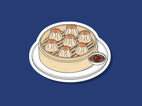 Minimal flat vector design of shumai dim sum on a tray food isolated on clean background with simple shapes and modern style. Suitable for menus, branding, posters, and food-related graphic design.
