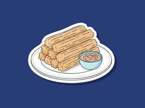 Minimal flat vector design of churros on a plate food isolated on clean background with simple shapes and modern style. Suitable for menus, branding, posters, and food-related graphic design.
