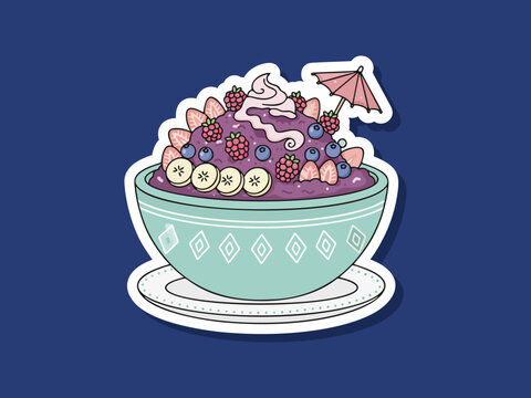 Minimal flat vector design of acai bowl with fruits food isolated on clean background with simple shapes and modern style. Suitable for menus, branding, posters, and food-related graphic design.
