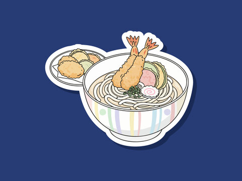 Minimal flat vector design of udon tempura set food isolated on clean background with simple shapes and modern style. Suitable for menus, branding, posters, and food-related graphic design.
