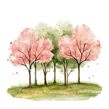 Cartoon Spring Blooming Forest, watercolor painting vector, isolated on a white background.