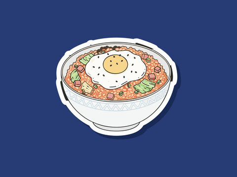 Minimal flat vector design of kimchi fried rice in a bowl food isolated on clean background with simple shapes and modern style. Suitable for menus, branding, posters, and food-related graphic design.