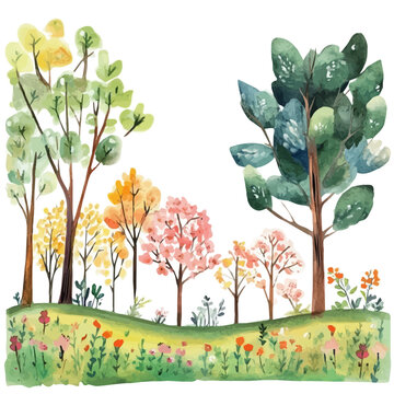 Cartoon Spring Blooming Forest, watercolor clipart vector, isolated on a white background.