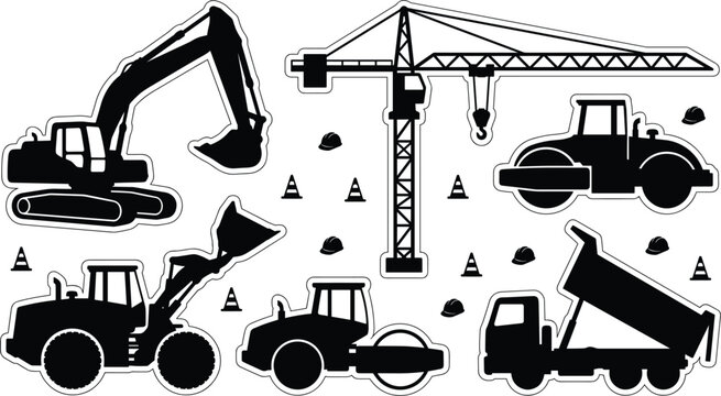 Heavy construction machinery and building site equipment vector icon set with black silhouettes of excavator tower crane dump truck wheel loader road roller