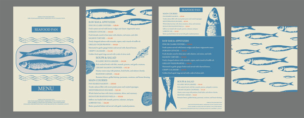 Naklejka premium Seafood restaurant menu template with fish illustration, nautical wave patterns, and minimalist layout. Vector ocean sea fish restaurant card background front and back sheet design
