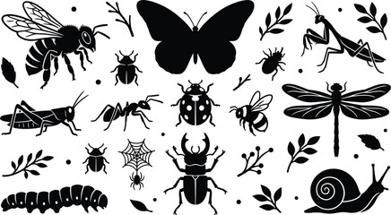 Insects and garden bugs wildlife nature vector icon set with black silhouettes of butterfly dragonfly bee ant mantis beetle grasshopper ladybug caterpillar snail © Rakib