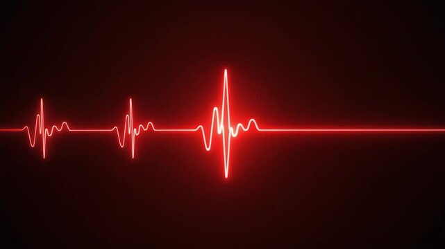 Red glowing electrocardiogram heartbeat line on a dark red background representing life and health pulse