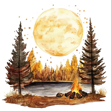Campfire Glowing Autumn Night, watercolor vector, isolated on a white background.