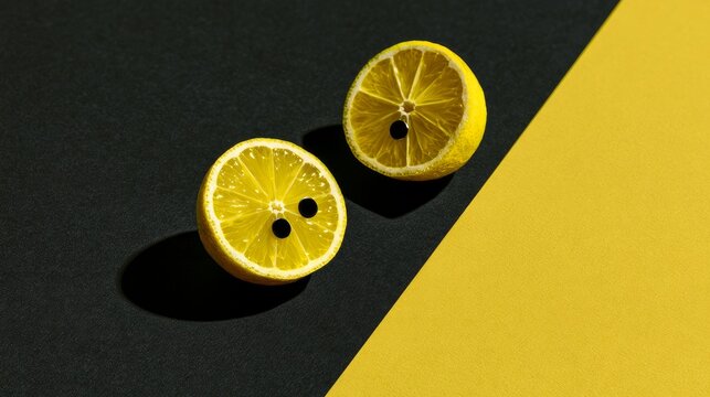 Lemon halves, pierced, sit on a black and yellow surface.