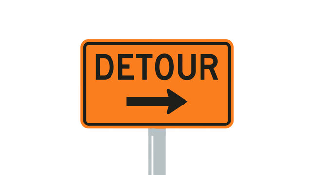 Orange Detour Sign with Arrow on White Background - Road Closure Warning