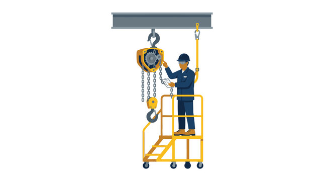 Industrial Worker Inspecting Chain Hoist on Mobile Platform