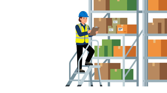 Warehouse worker on ladder checking inventory on shelves with boxes