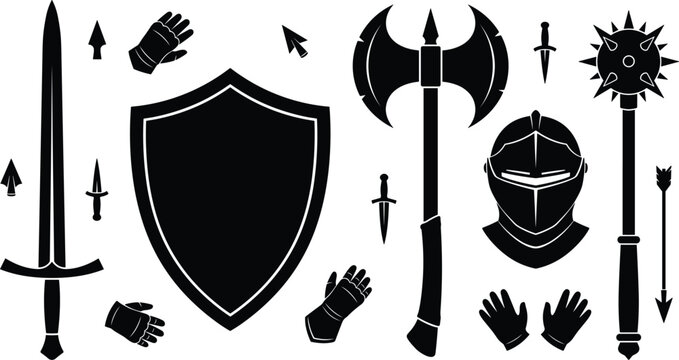 Medieval knight armor and historical warrior weapons vector icon set with black silhouettes of sword shield battle axe helmet mace dagger gauntlets arrows