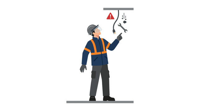 Worker points to electrical hazard warning sign and hanging wires