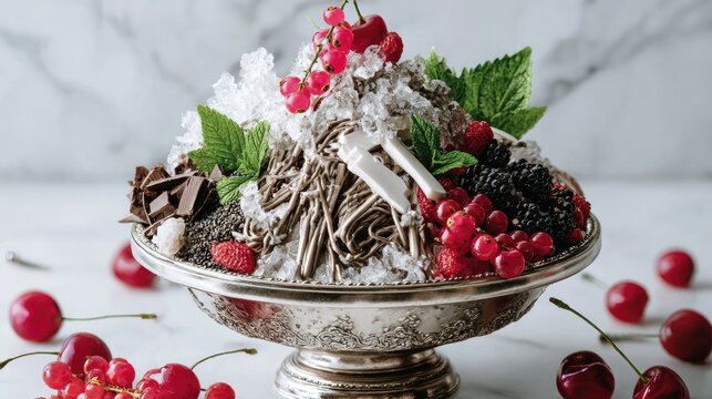 Shaved ice bingsu topped with red berries.