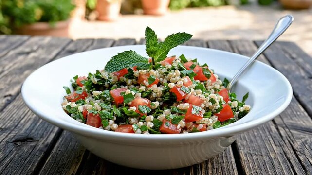 Delicious Lebanese Tabbouleh Salad in White Bowl Garnished with Fresh Mint on Rustic Wooden Table