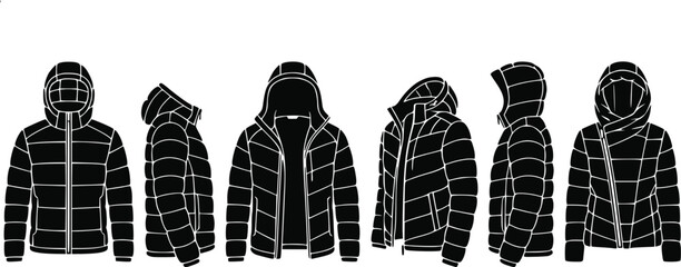 Set of black winter puffer jackets with hoods in various poses isolated on a white background isolated on white background © all silhouette