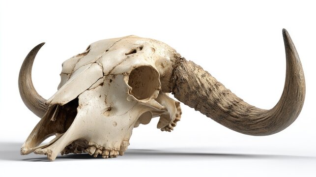Side view of large buffalo skull on white background.