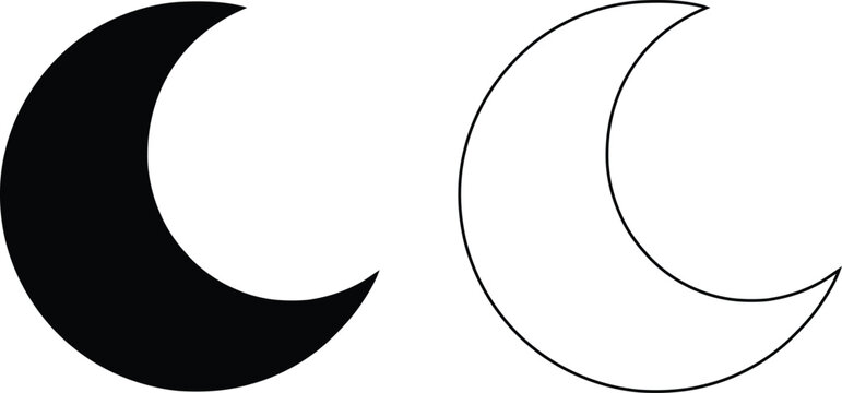 Crescent moon symbol silhouette and outline, celestial in solid black and thin line style for night or space themes