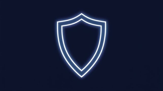 A simple shield symbol outlined in glowing purple neon light against a dark blue background security