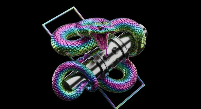 Vibrant rainbow serpent coiled around chrome metal tube.